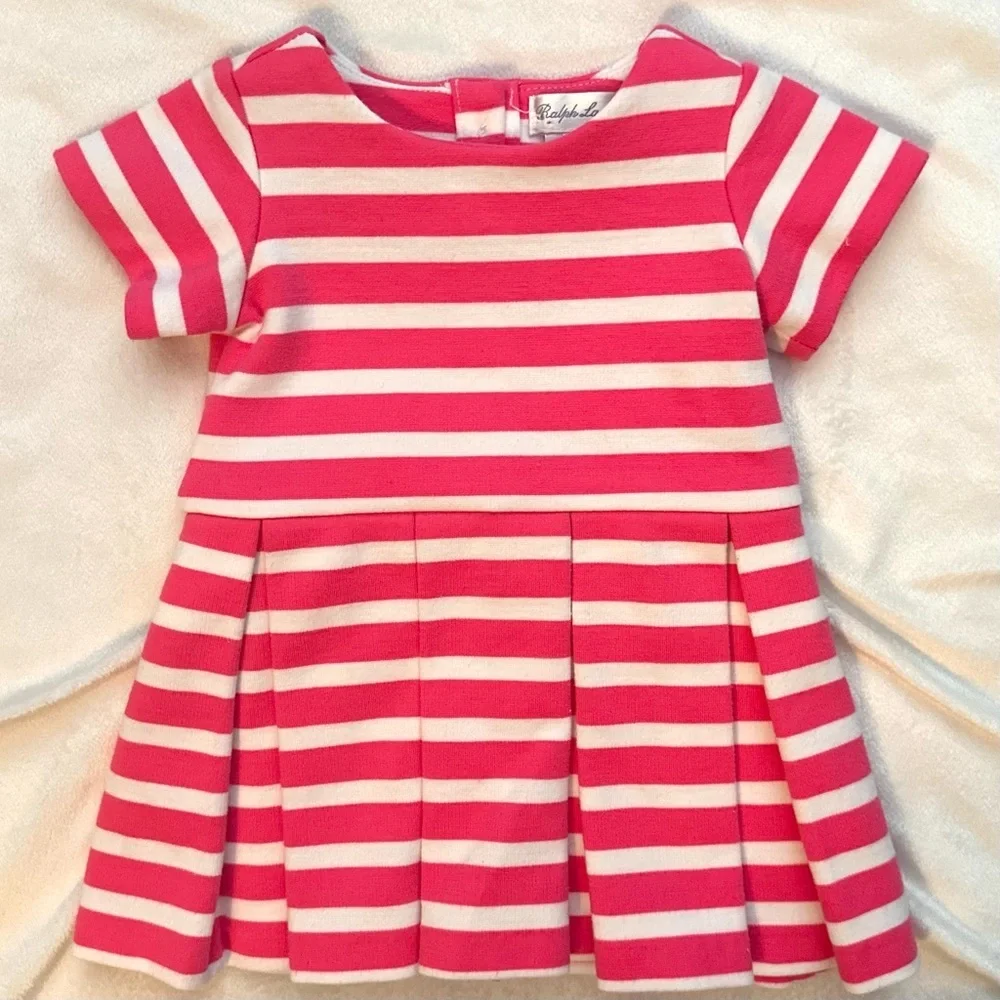 Ralph Lauren Pink & White Striped Pleated Dress Fit Flare Soft Baby Infant 3M